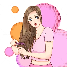 手绘美容护发梳头美女海报元素