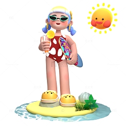 3D卡通夏日海滩冲浪滑板女孩度假避暑