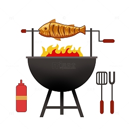 烧烤烤炉烤鱼卡通扁平