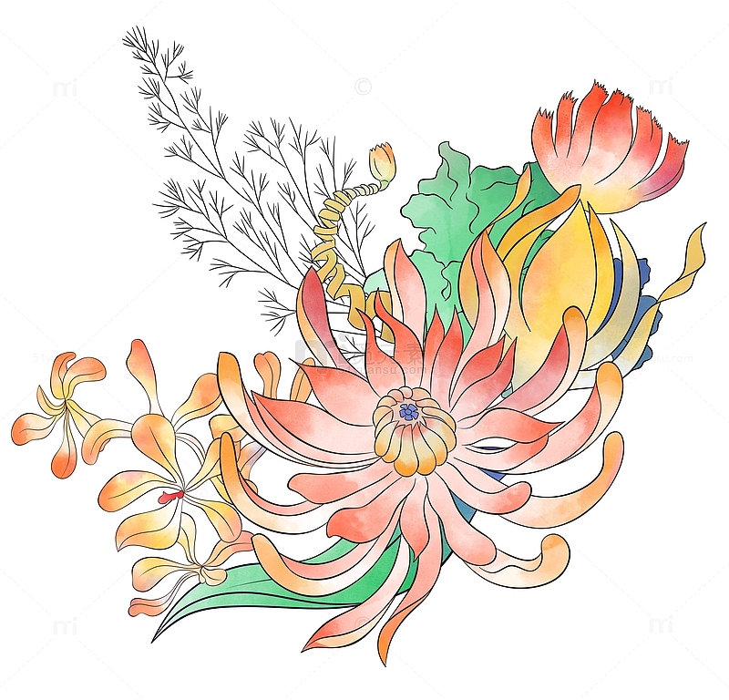 一组手绘淡彩花卉