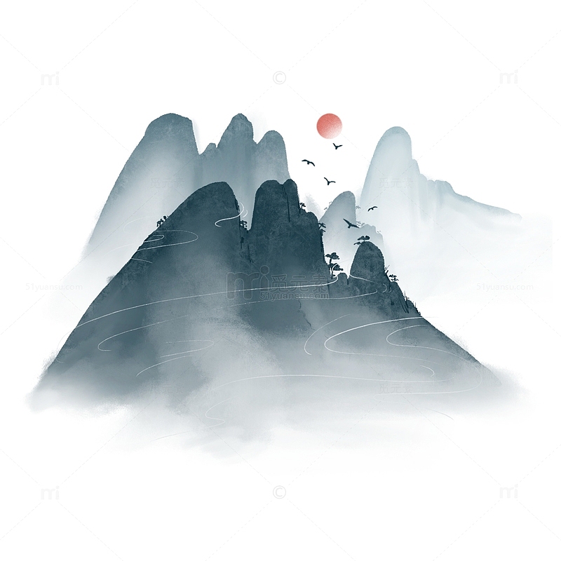 手绘中国风水墨山水画群山落日水彩风景元素