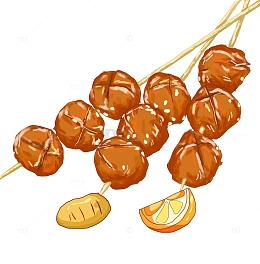 烧烤串串烤牛肉丸子手绘插画美味芝麻