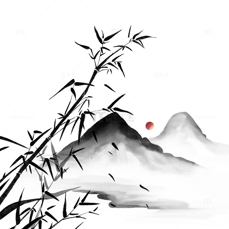手绘中国风山水画水墨竹子竹林落日元素