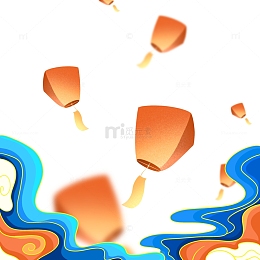 中国风七夕漂浮孔明灯祥云插画边框国潮元素