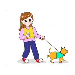 手绘卡通遛狗的女孩元素