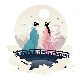 扁平卡通风格牛郎织女七夕素材