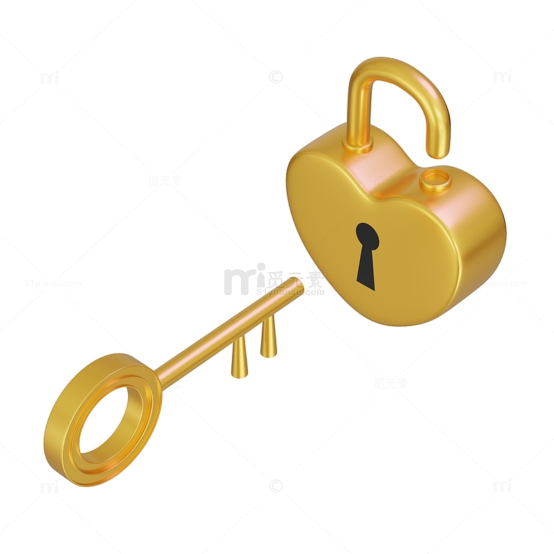 3D立体金色金属爱心锁和钥匙