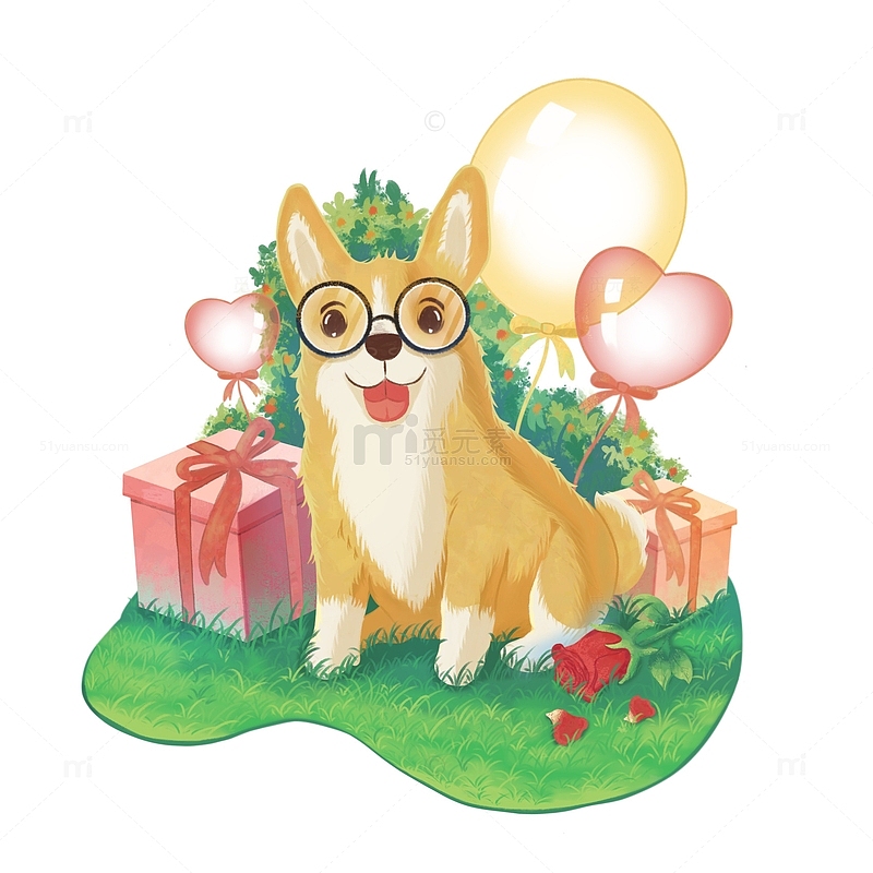 可爱狗狗气球玫瑰草地礼盒插画