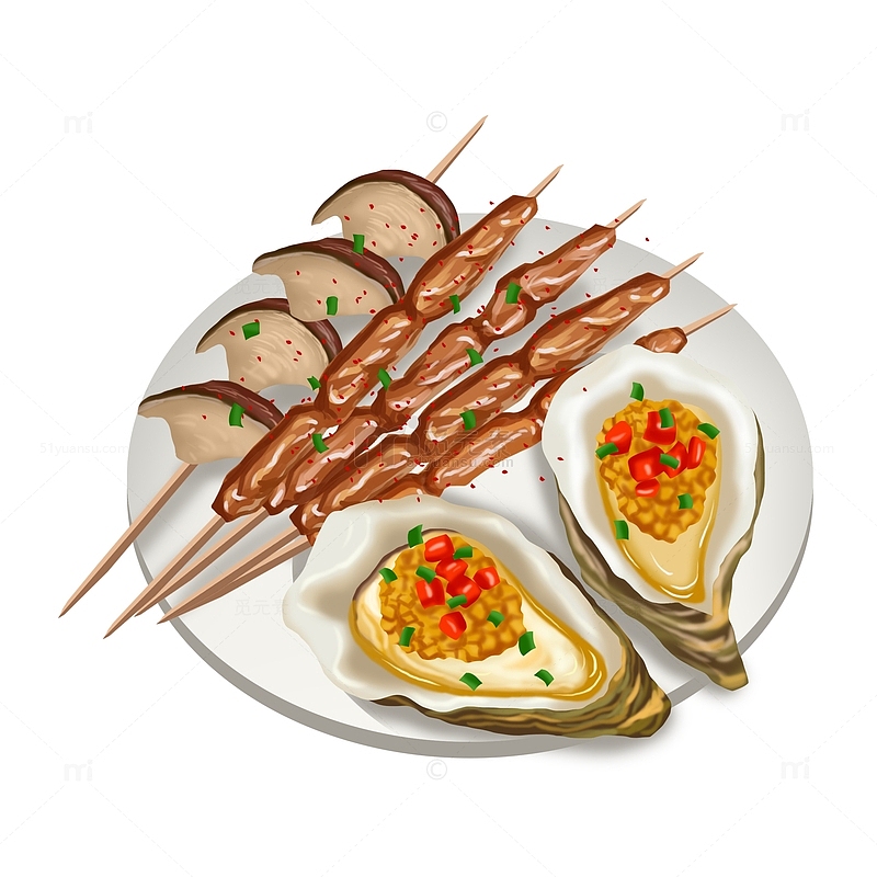 烧烤生蚝肉串香菇串手绘美食
