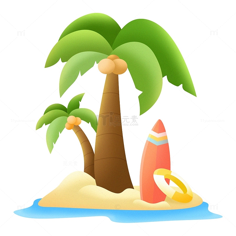 夏天海边手绘椰子树沙滩冲浪板元素