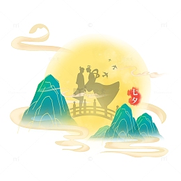 浪漫中国风七夕牛郎织女节日人物剪影装饰