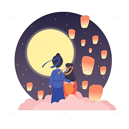 七夕情人节牛郎织女孔明灯月亮星空浪漫约会