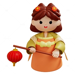 3D穿汉服手拿灯笼的女孩
