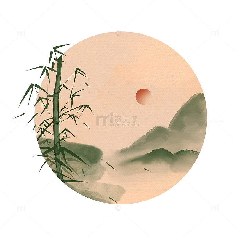 手绘竹子中国风山水画水墨圆形元素