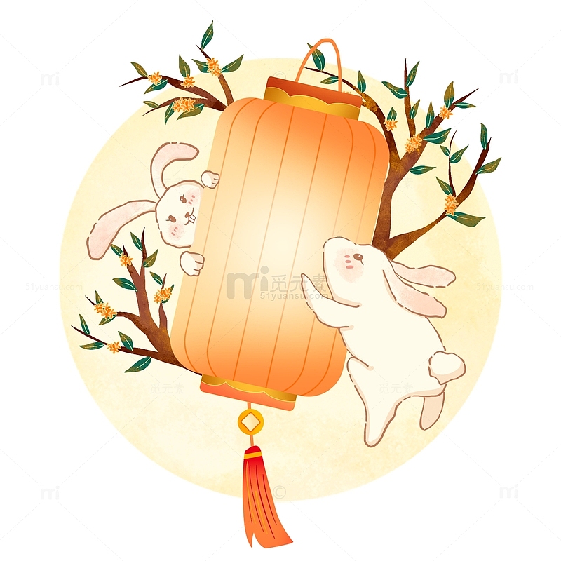 中秋节玉桂月兔抱灯笼卡通手绘元素
