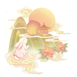 国潮风中秋节兔子花灯圆月祥云牡丹花元素