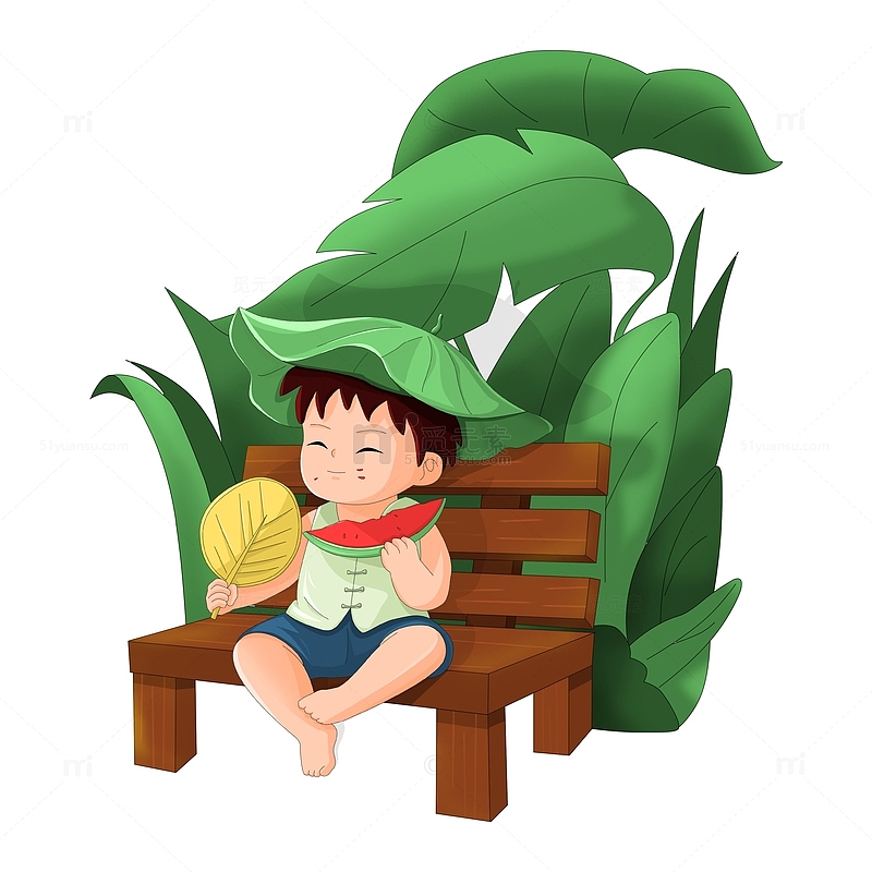 吃西瓜拿蒲扇坐椅子避暑的男孩儿童