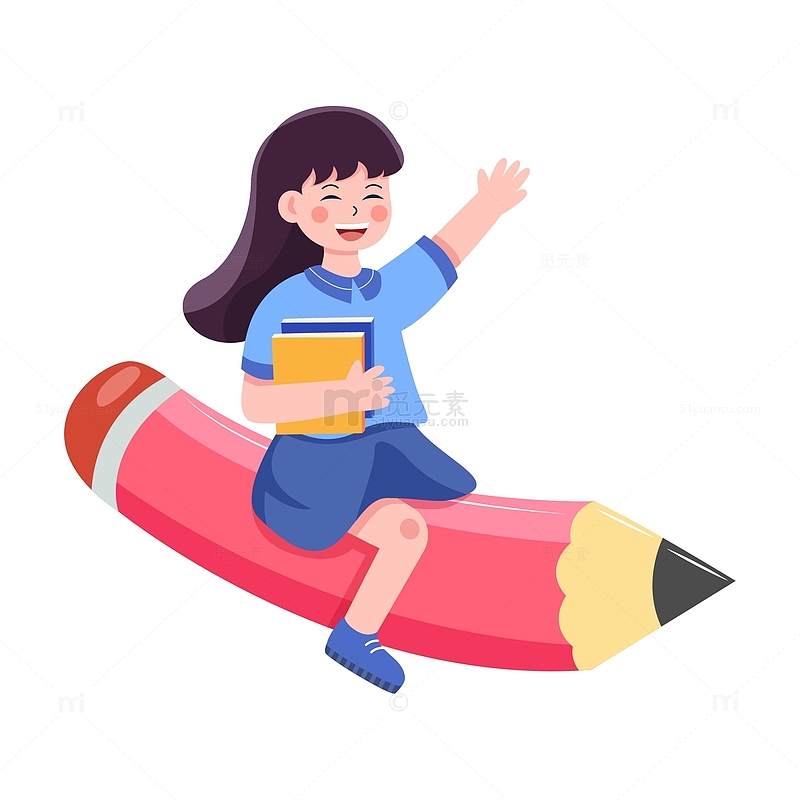 卡通开学季坐着铅笔的小女孩