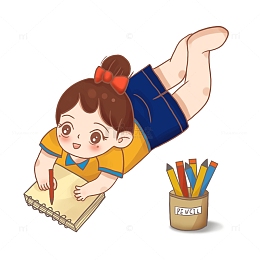 开学季学生女孩趴着写字笔筒本子铅笔