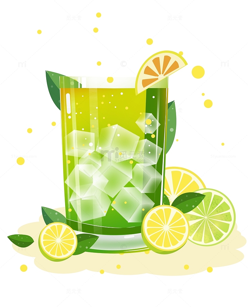 卡通玻璃绿色夏日柠檬冷饮果汁装饰插画元素