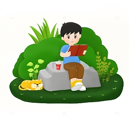 在户外看书男孩和猫咪