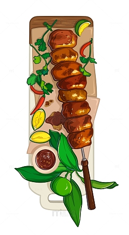 线稿风夏季烧烤美食拼盘手绘插画