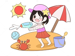 卡通沙滩拿水枪玩耍女孩