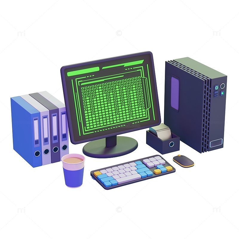 3D立体计算机电脑办公桌环境元素