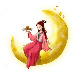 坐在月亮上手捧月饼的嫦娥手绘卡通