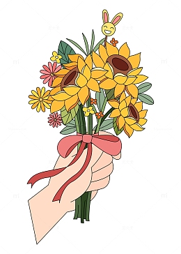 卡通矢量手拿着一捧鲜花
