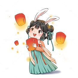 中秋佳节团圆放飞孔明灯兔子女孩