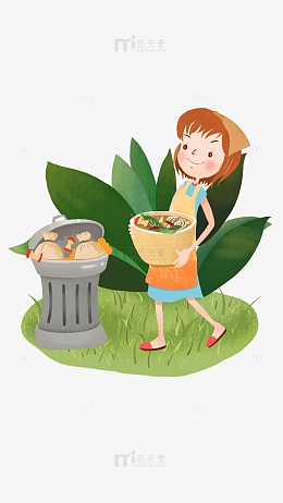 小女孩剩菜剩饭垃圾箱植物