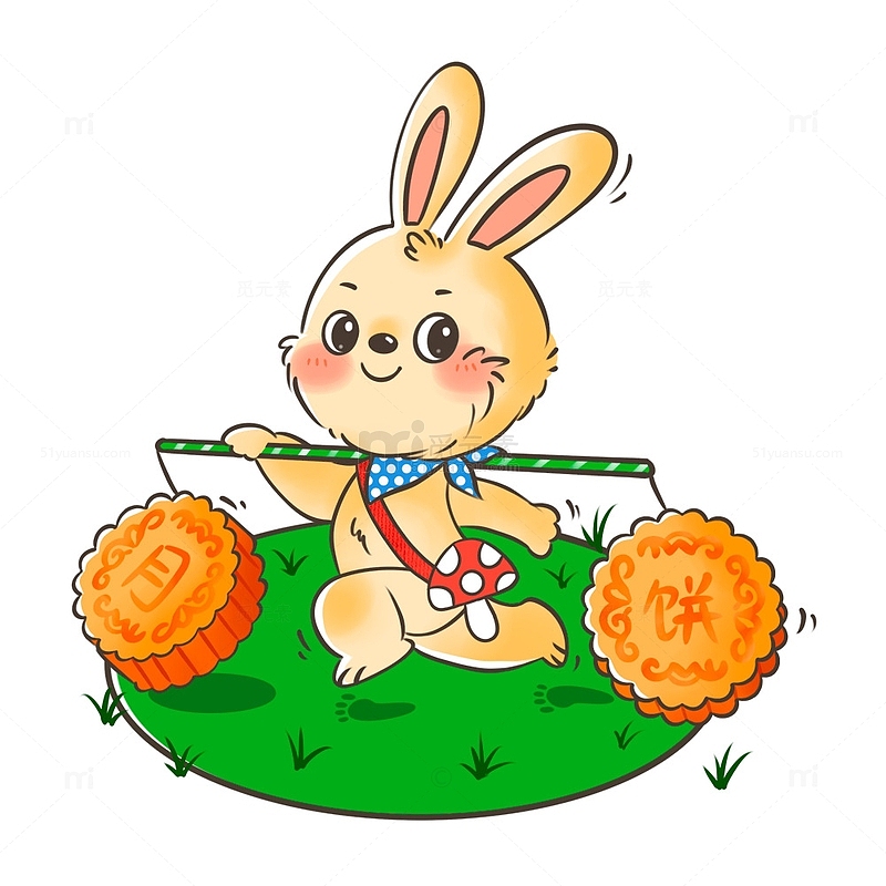 中秋玉兔扛着月饼跑在绿色的草地上
