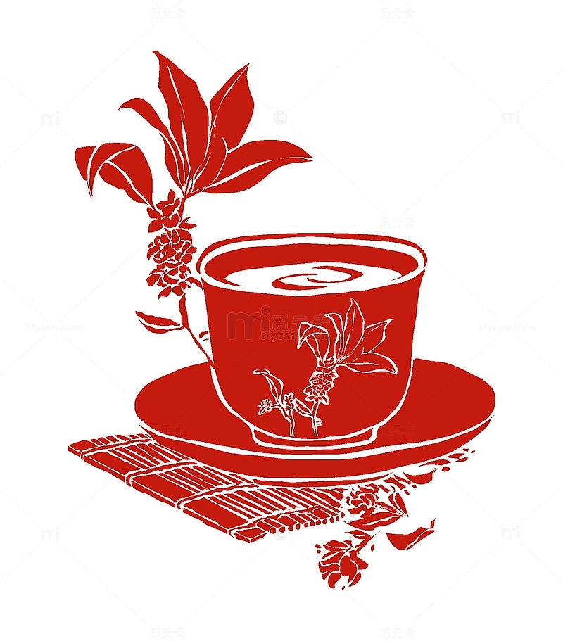 桂花枝桂花茶竹子杯垫中秋节手绘剪纸元素