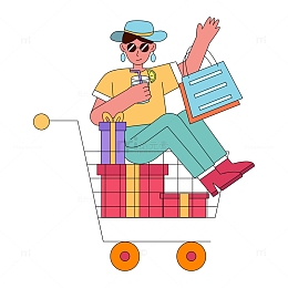 线描扁平坐在购物车里的潮流女孩