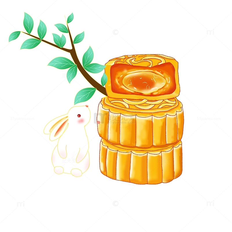 中秋节国潮风手绘蛋黄月饼可爱兔子插画