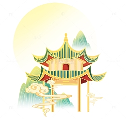 国潮风凉亭建筑国潮山祥云元素