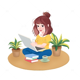 居家办公备课学习女孩手绘