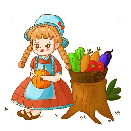 秋分秋收场景丰收南瓜蔬菜木桩女孩抱南瓜