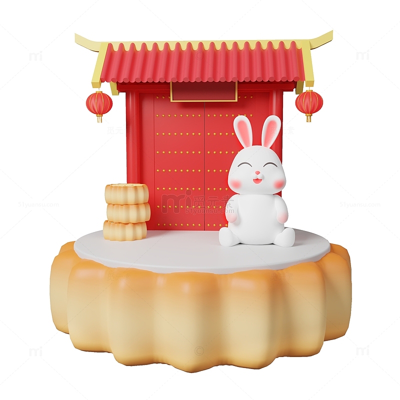 中秋节月饼玉兔古风门头3D微观场景