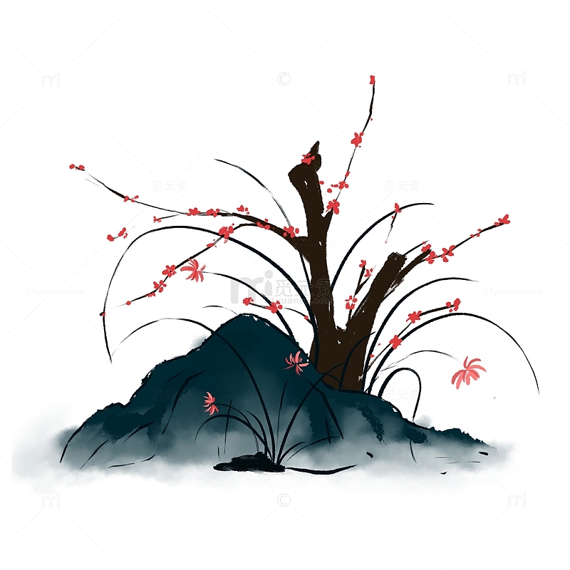 手绘中国风水墨山梅花兰花装饰元素