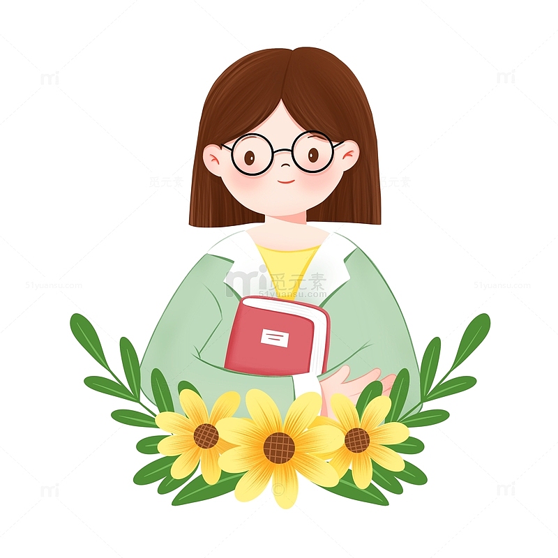 女生拿书向日葵花朵插画