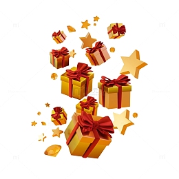 3D元素漂浮的金色礼品盒堆节日礼物装饰