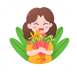 卡通手绘教师节女老师捧着鲜花免抠元素