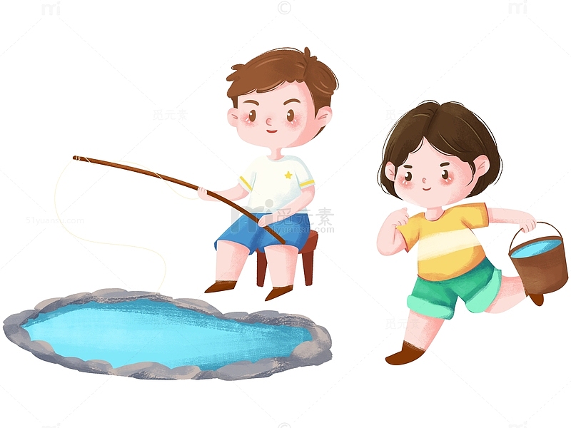 卡通儿童垂钓钓鱼