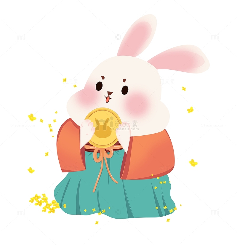 手绘中秋节拟人可爱吃月饼的兔子