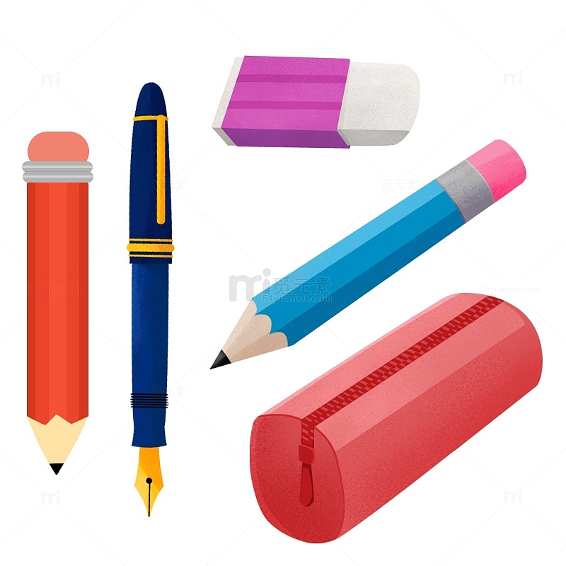 卡通蓝色钢笔紫色橡皮红色笔袋铅笔文具组合