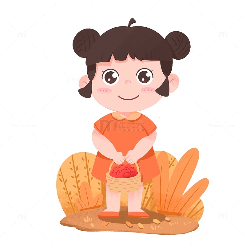 卡通手绘秋天提着小篮子摘水果的女孩