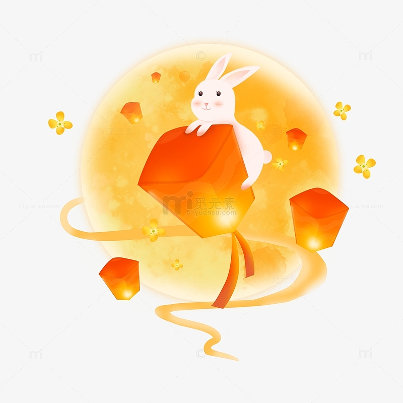 手绘中国风中秋节日兔子孔明灯装饰插画元素