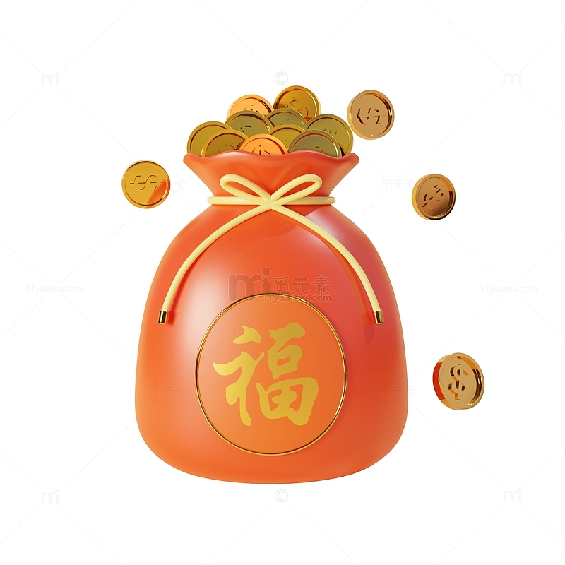 红色喜庆节日福袋金币中国风3D立体福袋
